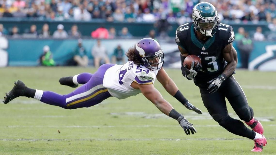 Philadelphia Eagles wide receiver Josh Huff (13) in action against Minnesota Vikings middle linebacker Eric Kendricks (54) during the NFL football game , Sunday, Oct. 23, 2016, in Philadelphia. The Eagles won 21-10.