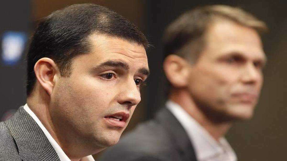 
Team CEO Jed York, left, said “philosophical differences” led the 49ers and coach Jim Harbaugh to part ways.


