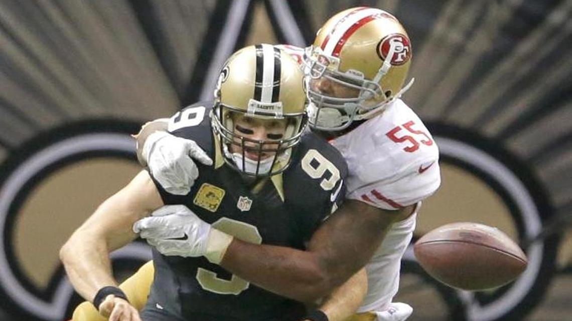 Ahmad Brooks sack of Drew Brees in 2014 set up a game-winning 49ers field goal in overtime.