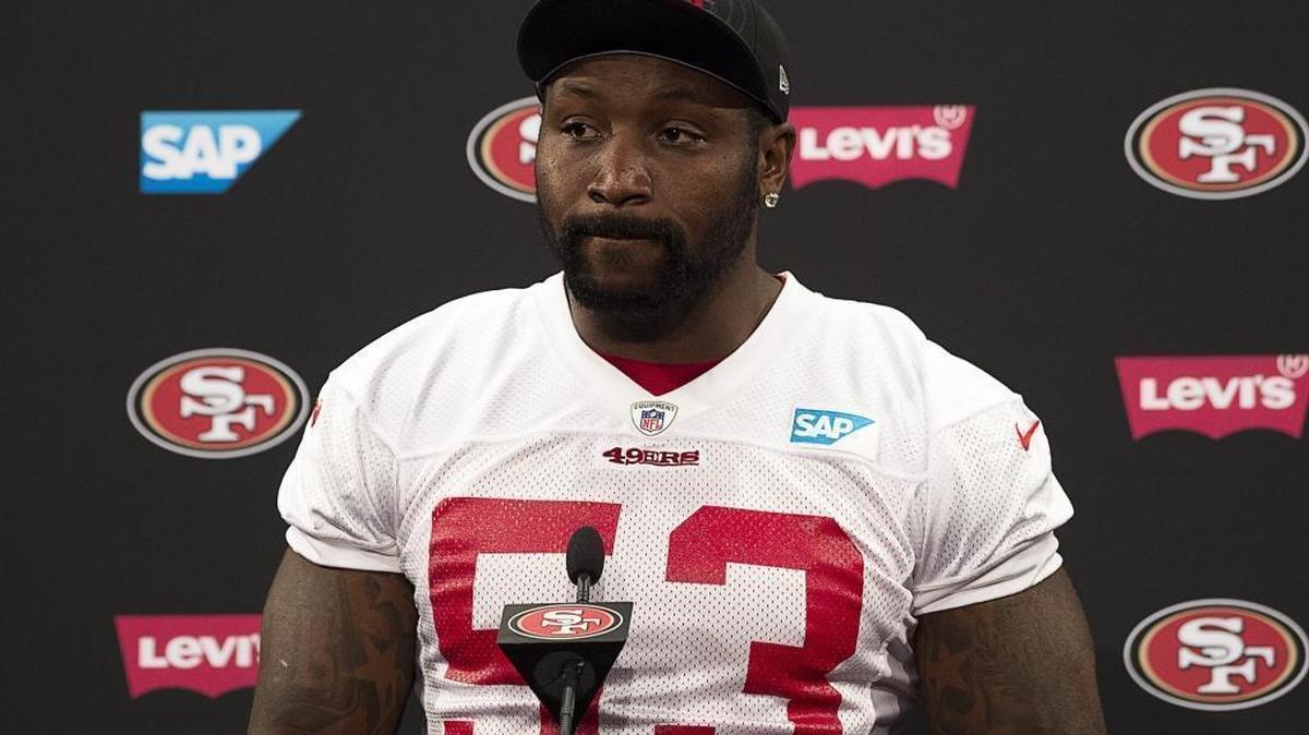 NaVorro Bowman speaks to the media in June at Levi’s Stadium in Santa Clara. The 49ers’ four-time All-Pro linebacker was released Friday. He was drafted in 2010 and played his entire career with the 49ers.