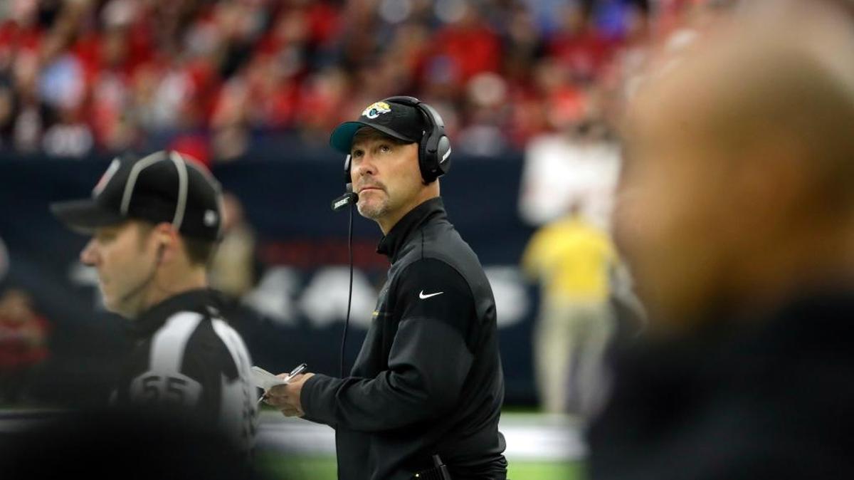 Jacksonville Jaguars coach Gus Bradley looks up at the scoreboard during the first half of an NFL football game against the Houston Texans Sunday, Dec. 18, 2016, in Houston. Bradley was fired after the Jaguars 21-20 loss to the Texans.