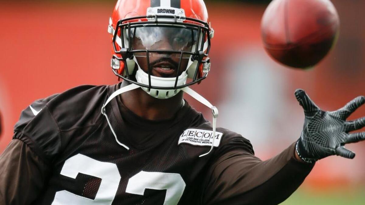 Cleveland Browns' Tyvis Powell makes a catch during the team's organized team activity at its NFL football training facility Tuesday, June 6, 2017, in Berea, Ohio.