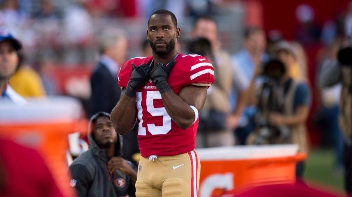 San Francisco 49ers wide receiver Pierre Garcon (15) watches the game from the sidelines late in the 4th quarter as the 49ers were defeated by the Dallas Cowboys 40-3 on Sunday, October 22, 2017 at Levi Stadium in Santa Clara, Calif.