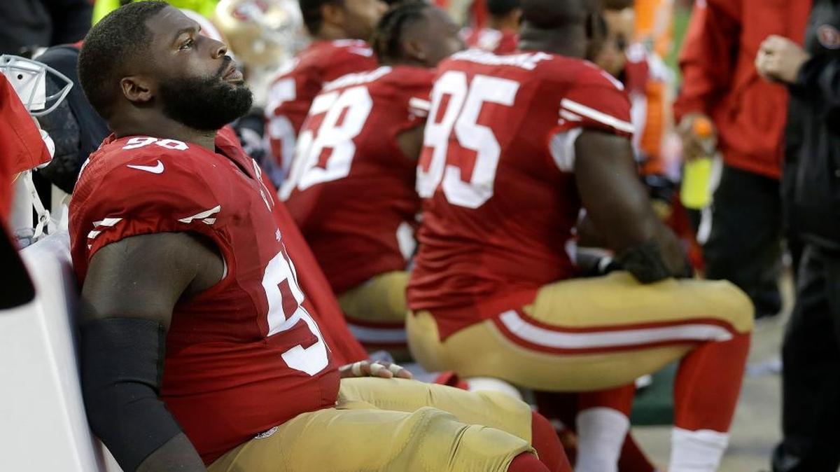 San Francisco 49ers nose tackle Glenn Dorsey sits on the bench during the second half of an NFL football game against the New England Patriots in Santa Clara, Calif., Sunday, Nov. 20, 2016.