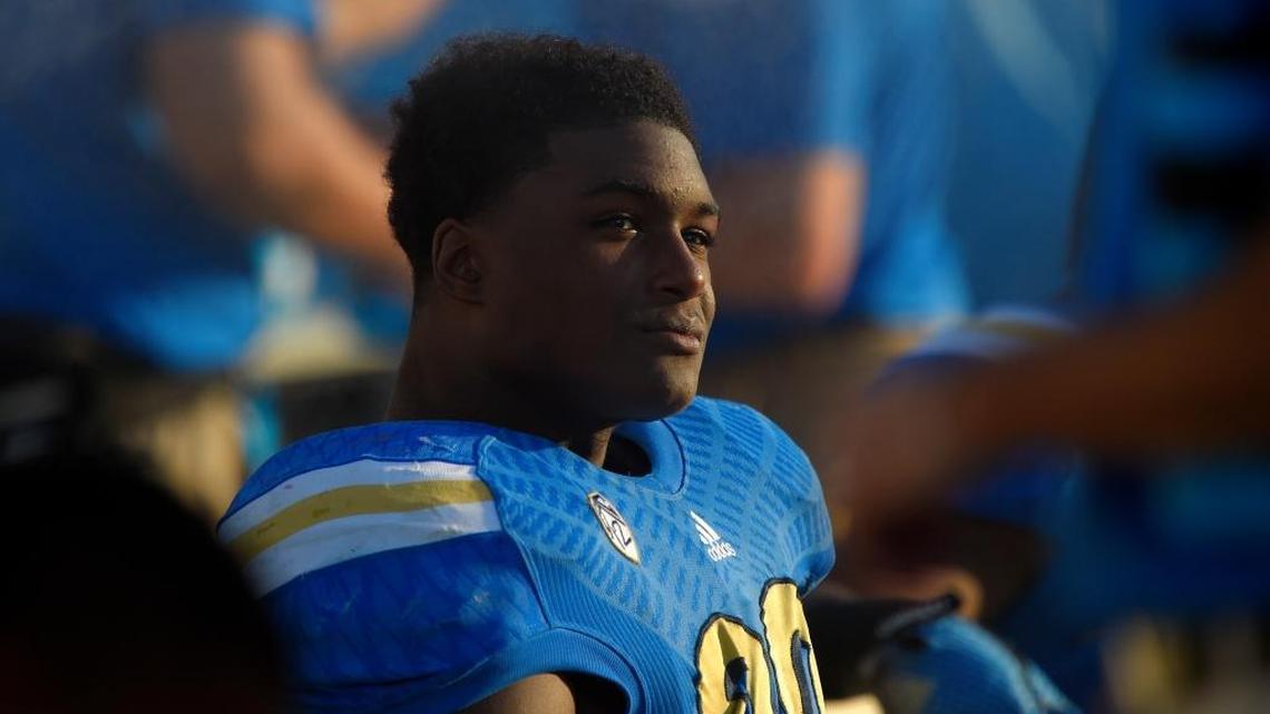 UCLA linebacker Myles Jack looks on from the bench during the second half of an NCAA college football game against Stanford, Friday, Nov. 28, 2014, in Pasadena, Calif. Stanford won 31-10.