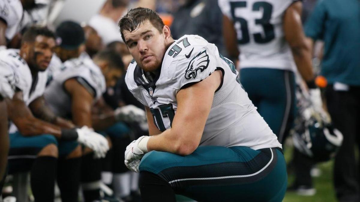 Philadelphia Eagles defensive end Taylor Hart (97) waits in the bench area during the second half of an NFL football game against the Detroit Lions, Thursday, Nov. 26, 2015, in Detroit. The Lions defeated the Eagles 45-14.