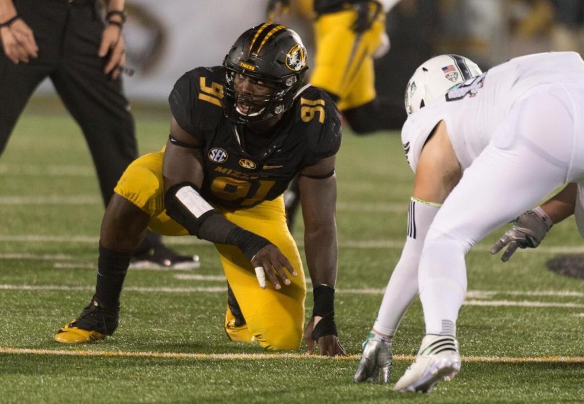 Missouri defensive end Charles Harris lines up before the snap during the third quarter of an NCAA college football game against Eastern Michigan Saturday, Sept. 10, 2016, in Columbia, Mo. Missouri won the game 61-21.