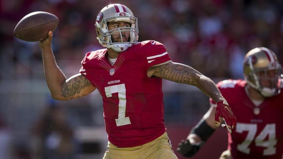 
San Francisco 49ers quarterback Colin Kaepernick (7) leads his team back into action Sunday evening against the New York Giants. Coverage through The Sacramento Bee’s live blog begins at 4:30 p.m., with kickoff set for 5:30.
