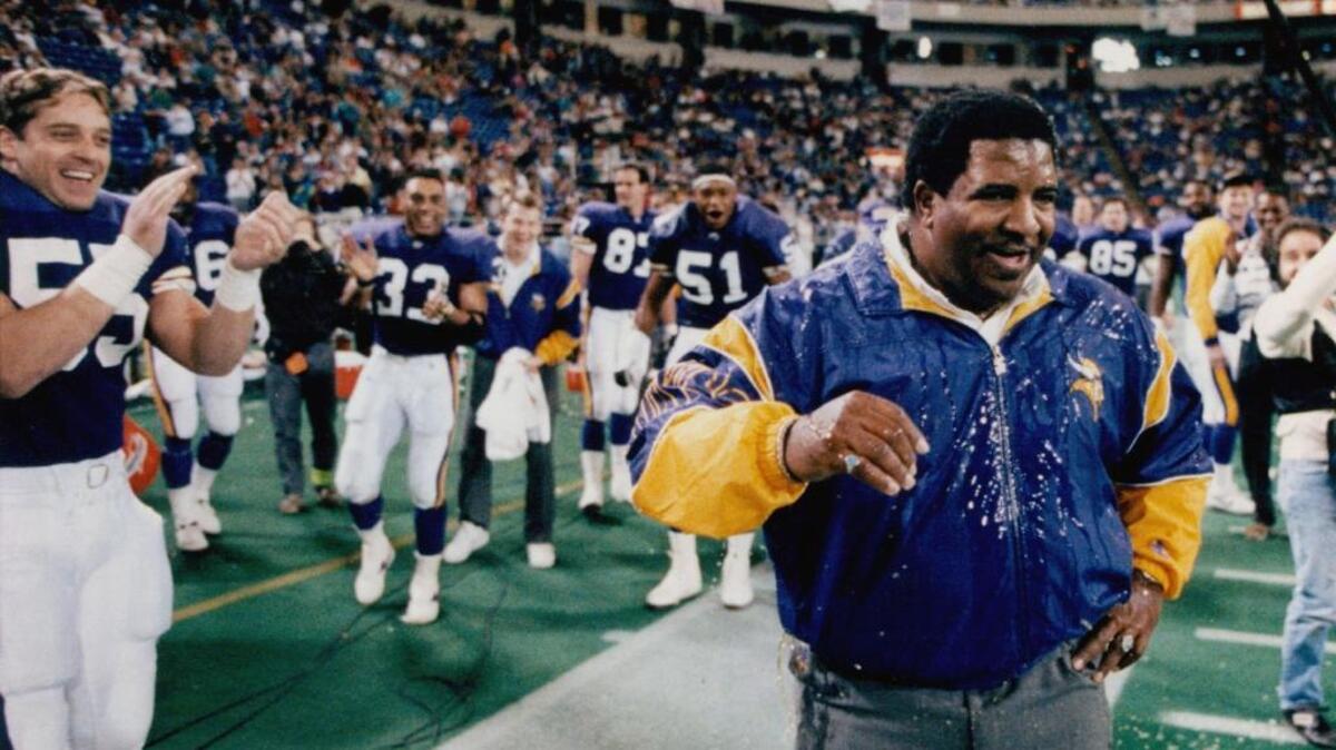 Minnesota Vikings coach reacts after being doused after a 27-7 win over the Green Bay Packers at the Metrodome in Minneapolis on s Dec. 28, 1992. Green, a trailblazing coach who led a Vikings renaissance in the 1990s and also coached the Arizona Cardinals, has died. He was 67. Green’s family posted a message on the Cardinals website on Friday, July 22, 2016, announcing the death.