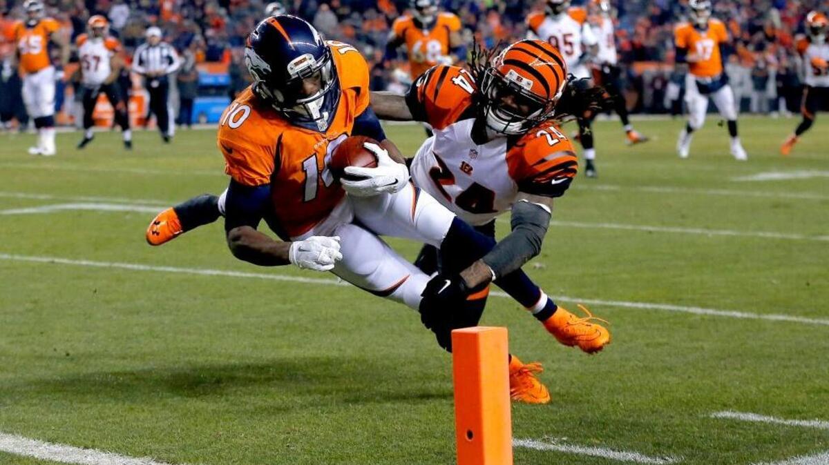 Sean McDonough will be the play-by-play voice for ESPN when MNF returns on Sept. 12. ... Denver Broncos wide receiver Emmanuel Sanders (10) scores a touchdown as Cincinnati Bengals cornerback Adam Jones (24) defends during an NFL football game, Monday, Dec. 28, 2015, in Denver.