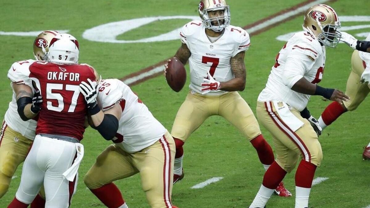 
San Francisco 49ers quarterback Colin Kaepernick (7) on Sunday, Oct. 4, 2015, leads his team against the Green Bay Packers in hopes of ending the 49ers’ two-game losing streak. 
