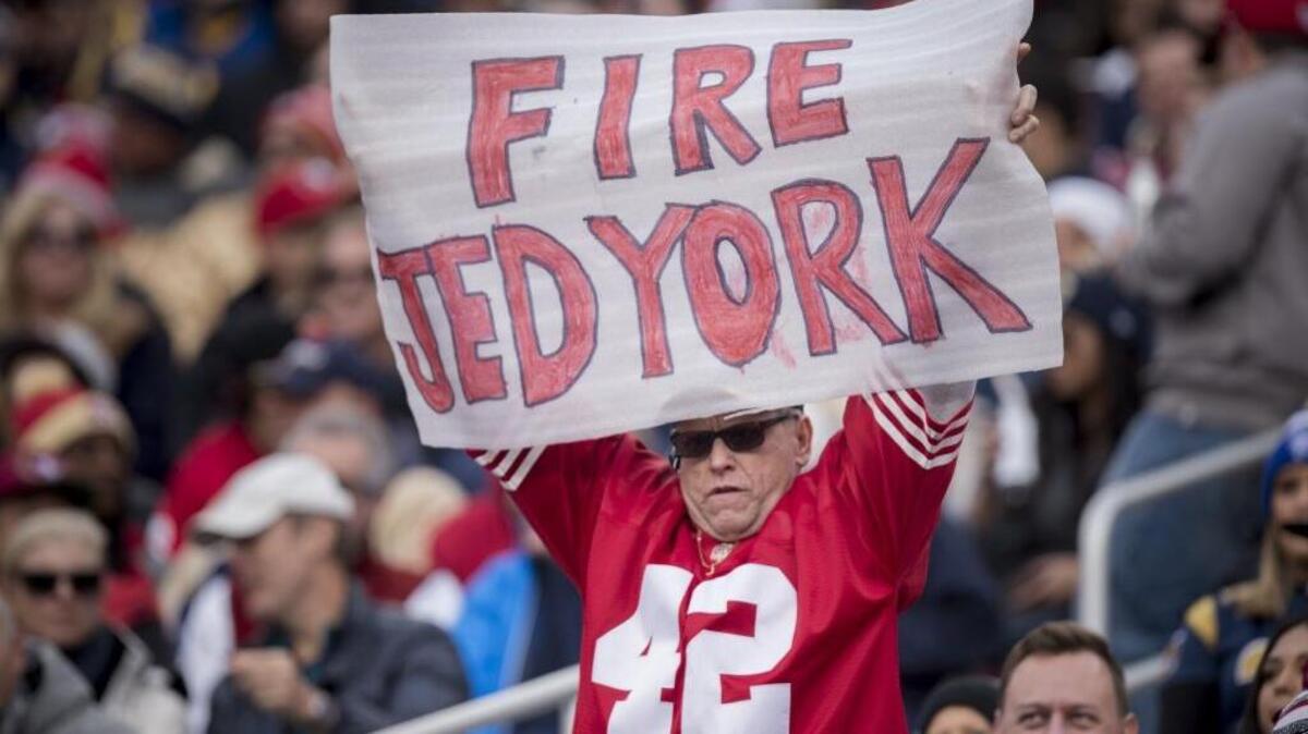 A San Francisco 49ers fan shows his displeasure with the team’s owner during the team’s final game of the NFL season on Sunday, Jan. 3, 2016, at Levi’s Stadium in Santa Clara. Plenty of questions surround the team that sunk to the lowest echelons of the league during a dismal season.