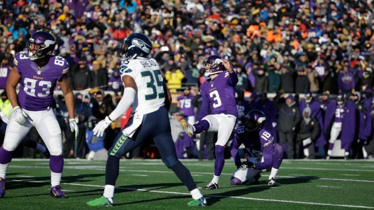 Minnesota Vikings kicker Blair Walsh (3) watches as he misses a field goal during an NFL wild-card football game against the Seattle Seahawks, Sunday, Jan. 10, 2016, in Minneapolis. The Seahawks won 10-9.