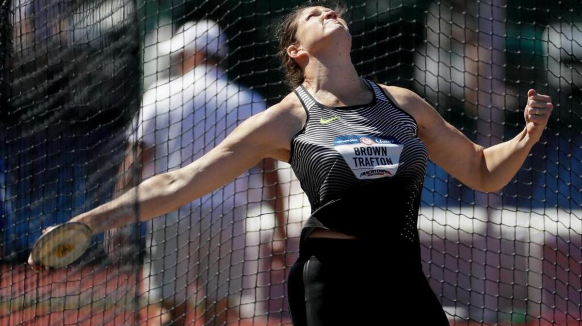 Stephanie Brown Trafton of Galt competes during the discus final Saturday. The 2008 Olympic gold medalist finished fifth, two places short of a spot on her fourth Olympic team. Brown Trafton indicated this was her final competition.