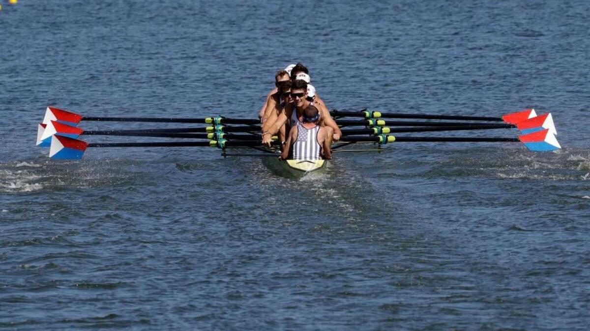 The United States’ team of Sam Dommer, Hans Struzyna, Alexander Karwoski, Glenn Ochal, Stephen Kasprzyk, Michael Di Santo, Robert Munn, Austin Hack and Samuel Ojserkis competes in the men’s rowing eight final during the 2016 Summer Olympics in Rio de Janeiro, Brazil, Saturday, Aug. 13, 2016.