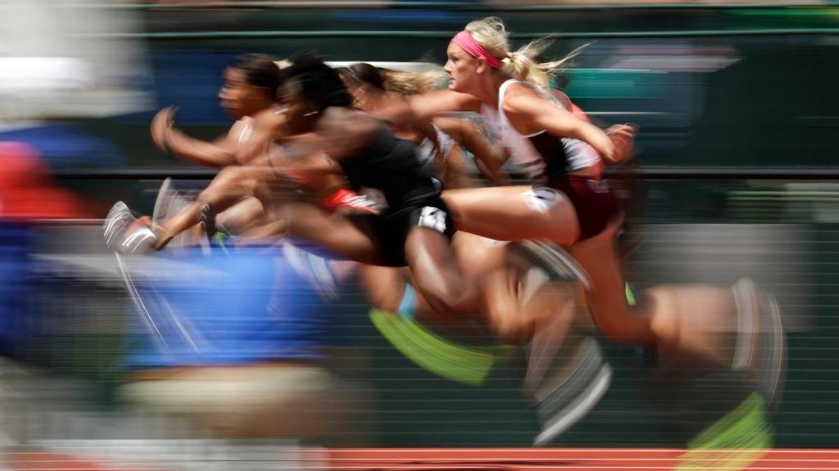 Racers compete during the heptathlon 100-meter hurdles at the U.S. Olympic Track and Field Trials on July 9, 2016, in Eugene, Ore.