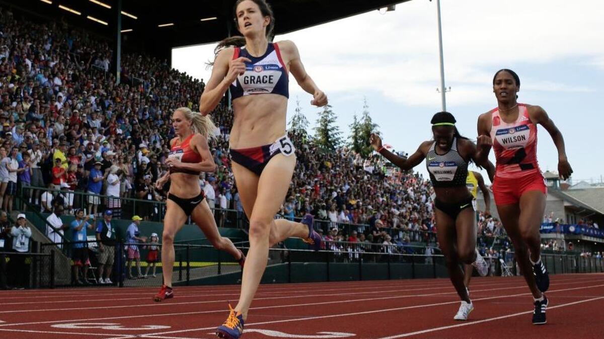 Kate Grace wins the women's 800-meter final at the U.S. Olympic Track and Field Trials, Monday, July 4, 2016, in Eugene Ore.