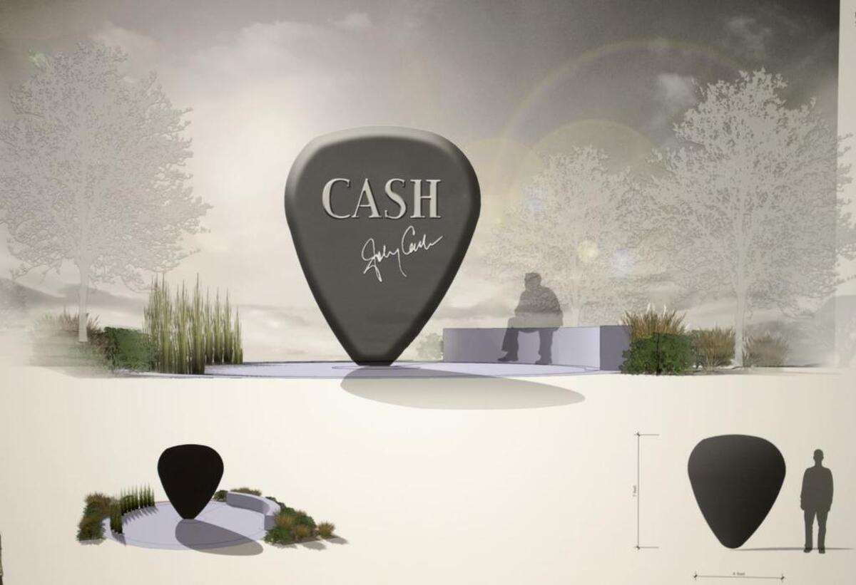 Rendering of a guitar pick statue.