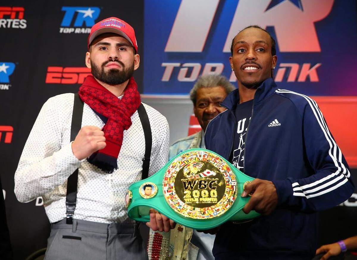 Jose Ramirez, left, and Amir Imam pose with the WBC world title belt at Thursday’s press conference in New York.