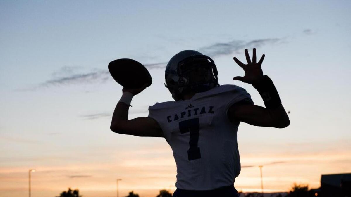 
Capital Christian’s Jeremy Gunter warms up before his team’s game against visiting Dixon on Friday, October 16, 2015.
