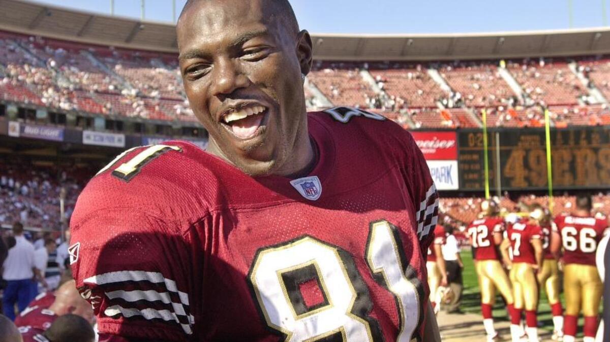 Terrell Owens, wide receiver (1996-2003 San Francisco; 2004-05 Philadelphia; 2006-08 Dallas; 2009 Buffalo; 2010 Cincinnati). Owens ranks second in yards receiving (15,934), third in touchdown receptions (153) and set a then-record for catches in a single game with 20 against the Bears in 2000.