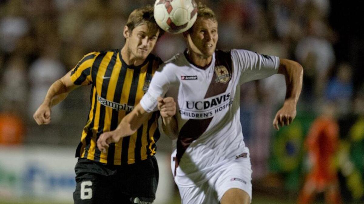 Even the return of Adam Jahn, right, to the Sacramento Republic FC lineup was not enough to stop the Portland Timbers 2 on Saturday, April 17, 2016. Jahn and Tommy Thompson were both on loan from the San Jose Earthquakes.