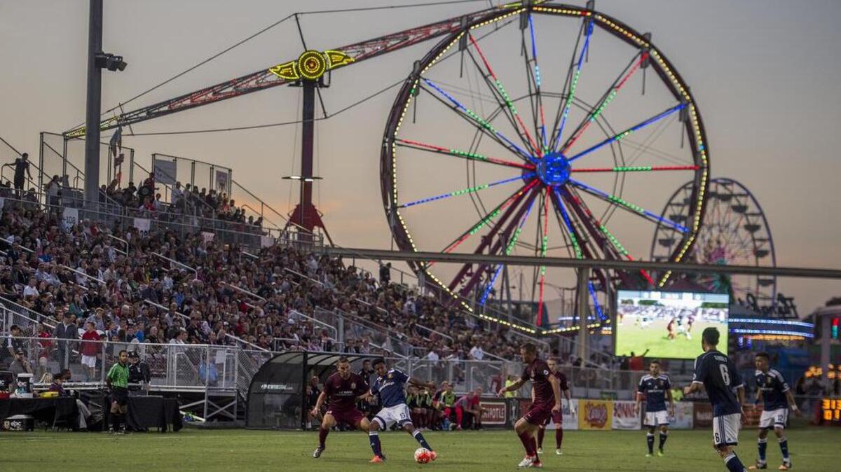Construction of the rides at the state fair in Cal Expo is the backdrop as the Republic FC hosted Real Monarchs SLC in USL match at Bonney Field, on July 06, 2016.