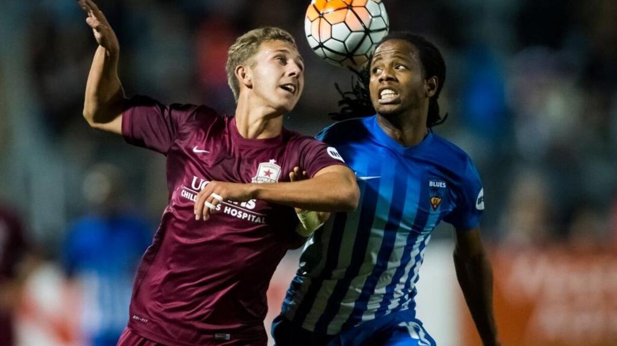 Republic FC’s Harry Williams (9), and Orange County Blues FC’s Andrae Campbell (12) fight for the ball during the second half of the USL Western Conference first-round playoff game at Bonney Field on Oct. 1, 2016.