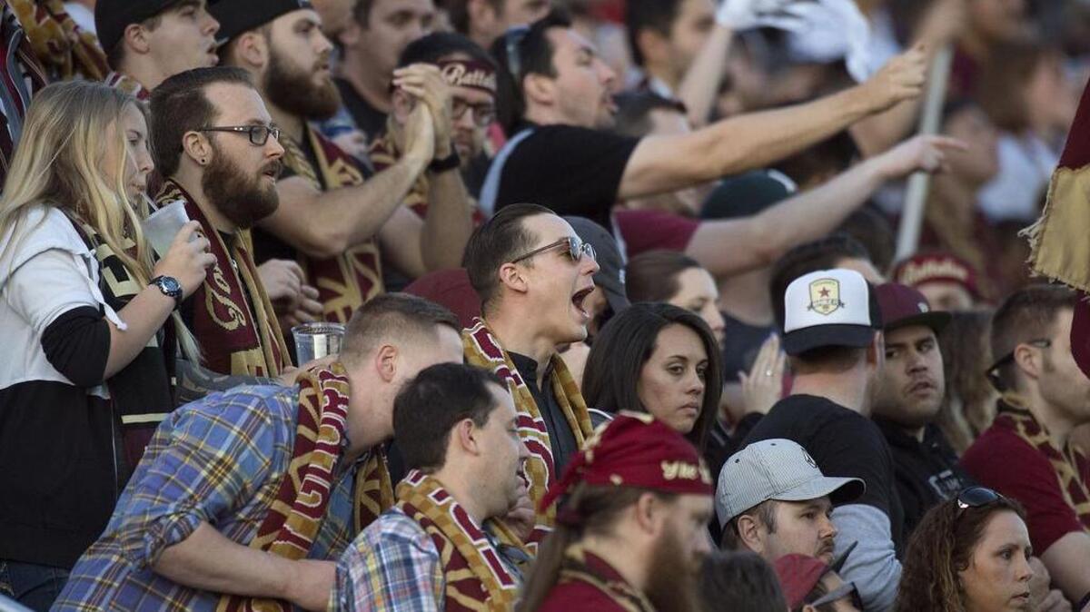Republic FC fans cheer for the team during its home opener against LA Galaxy II at Bonney Field in April.