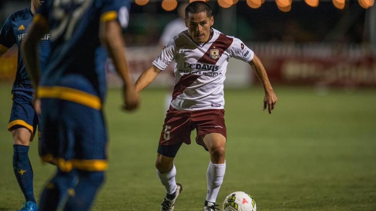 
Sacramento Republic FC midfielder Danny Barrera (5) brings the ball down field during the first half at a playoff game between the Sacramento Republic FC and LA Galaxy II on Saturday, Sept. 26, 2015.
