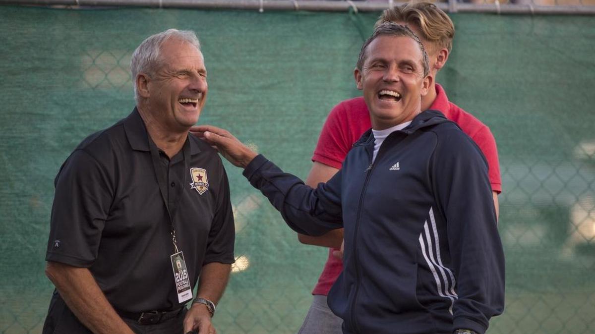 Republic FC CEO Graham Smith, left, meets with head coach Paul Buckle before the Republic FC hosts Atlas FC in a friendly at Bonney Field on Wednesday, July 8, 2015 in Sacramento