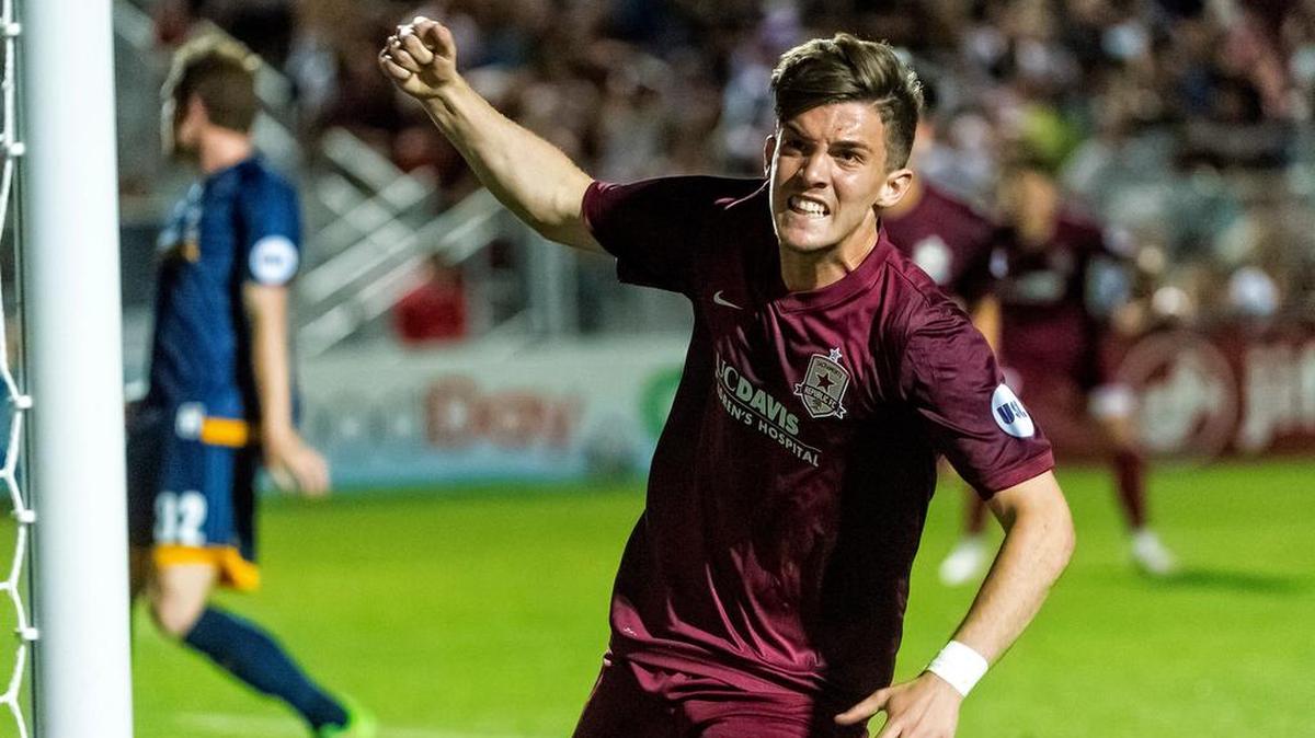 Sac Republic FC Daniel Trickett-Smith (18), celebrates his goal to tie the match at 2-2 during the second half between the Sac Republic FC and the LA Galaxy II at Bonney Field, Saturday Jun 4, 2016.