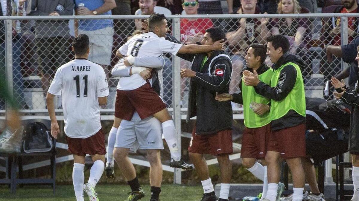 Republic FC midfielder Rodrigo Lopez-Alvarez (8) is congratulated after he scored a the team's first goal during the game between the Sacramento Republic FC and the Portland Timbers II at Bonney Field in Sacramento on Saturday, April 18, 2015.