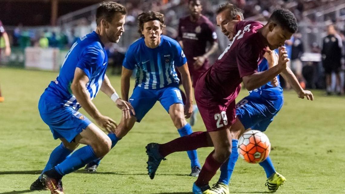 Republic FC Wilson Kneeshaw (29) dribbles through Orange County Blues FC defenders during last season’s USL Western Conference first-round playoff game at Bonney Field.