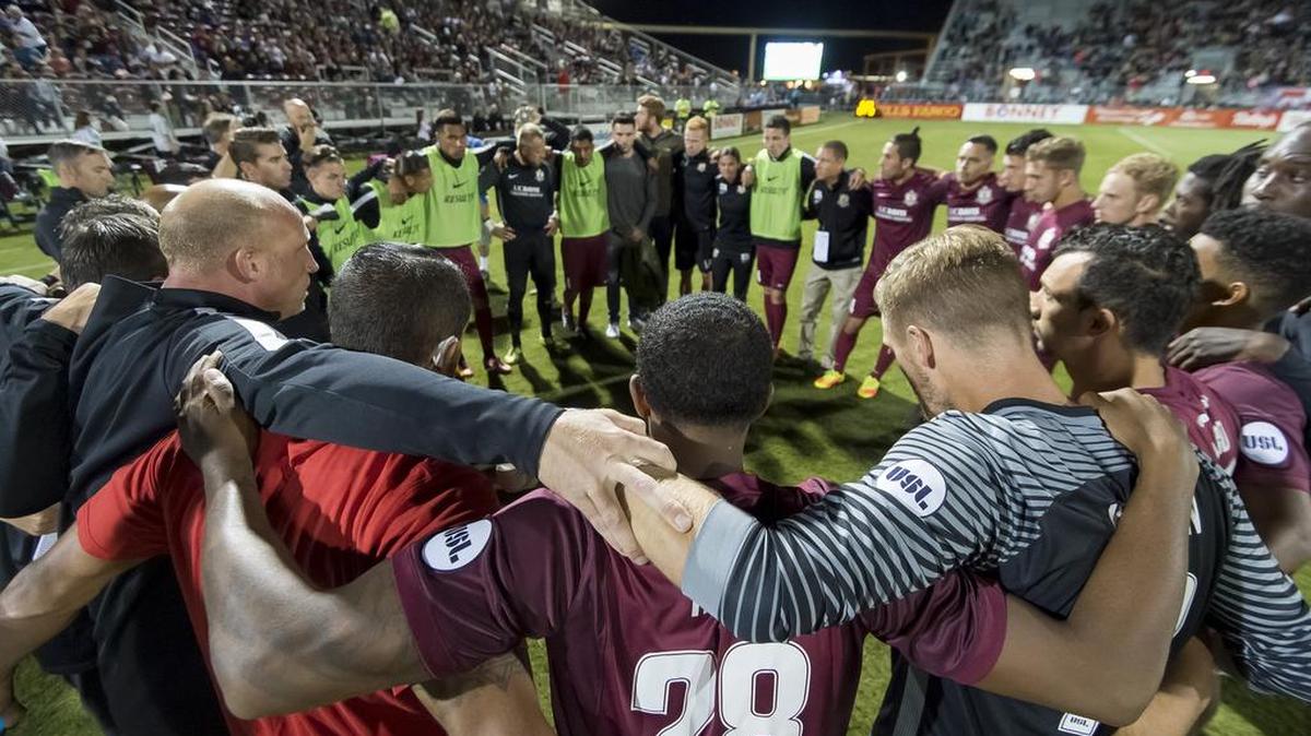 The Sac Republic FC gather together before the game during the USL Western Conference first round playoff game between the Republic FC and the visiting Orange County Blues FC at Bonney Field, Saturday Oct 1, 2016.