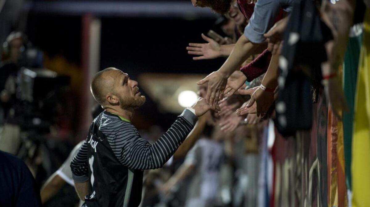 Sacramento Republic FC goalkeeper Dominik Jakubek greets fans and The Battalion at a match between the Sacramento Republic FC and the Arizona United SC on Saturday, April 2, 2016, at Bonney Field in Sacramento, Calif. On Sunday, April 10, 2016, Jakubek earned a clean sheet against the host Vancouver Whitecaps 2. Republic FC (2-0-1) is the only USL team to not surrender a goal this season.