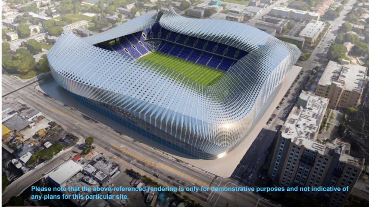 A rendering of what David Beckham’s soccer stadium could look like in Overtown. This is the design for a previous site across from Marlins Park, and Beckham architects placed on the Overtown location to show how it could fit on the parcel.