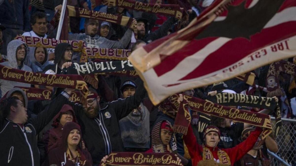 
The Tower Bridge Battalion cheer on Friday, April 24, 2015 in the soccer game between Republic FC and the Orange County Blues FC at Bonney Field in Sacramento.
