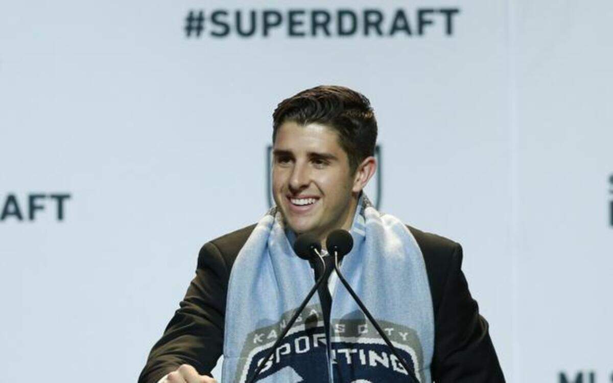 
Connor Hallisey speaks after being selected by the Sporting Kansas City in the first round of the 2015 Major League Soccer SuperDraft, Thursday, Jan. 15, 2015, in Philadelphia. 
