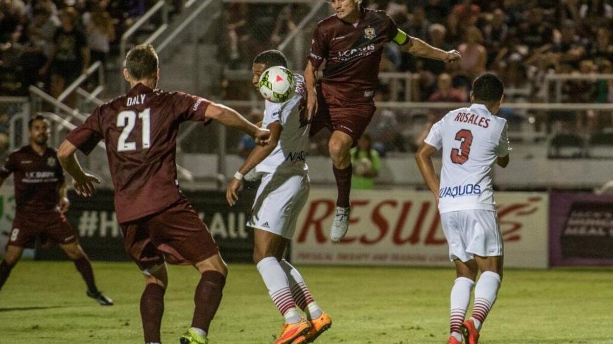 Republic FC forward Justin Braun (17) fights for the ball during the first half against Arizona United FC at Bonney Field on Saturday, Sept. 19, 2015, in Sacramento, Calif.