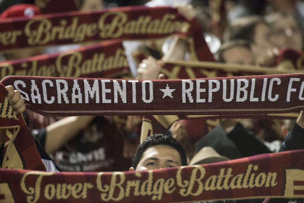Tower Bridge Battalion members cheer for the Republic FC during the game between the Sacramento Republic FC and the New York Cosmos at Hughes Stadium in Sacramento on Saturday, February 28, 2015. The Sacramento Republic FC hosted the New York Cosmos of the North American Soccer League in an exhibition match.