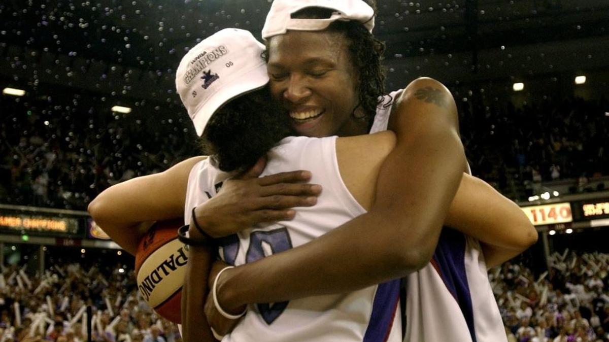 Monarchs players Yolanda Griffith, right, and Kara Lawson celebrate after beating the Connecticut Sun in the WNBA Finals on Sept. 20, 2005, at Arco Arena in Sacramento. The team was folded after the 2009 season.