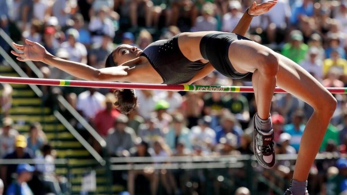 Vashti Cunningham clears the bar during the women’s high jump final at the U.S. Olympic Track and Field Trials, Sunday, July 3, 2016, in Eugene Ore.