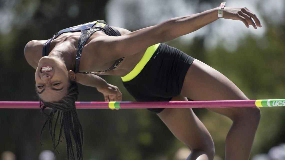 Nikki Stephens, 17, of Seattle, Washington, competes in the women’s 17-18 division heptathlon high jump, finishing second with height of 5 feet, 5 inches on the first day of the 2016 USATF National Junior Olympic Track & Field Championships, Monday, July 25, 2016 in Sacramento.