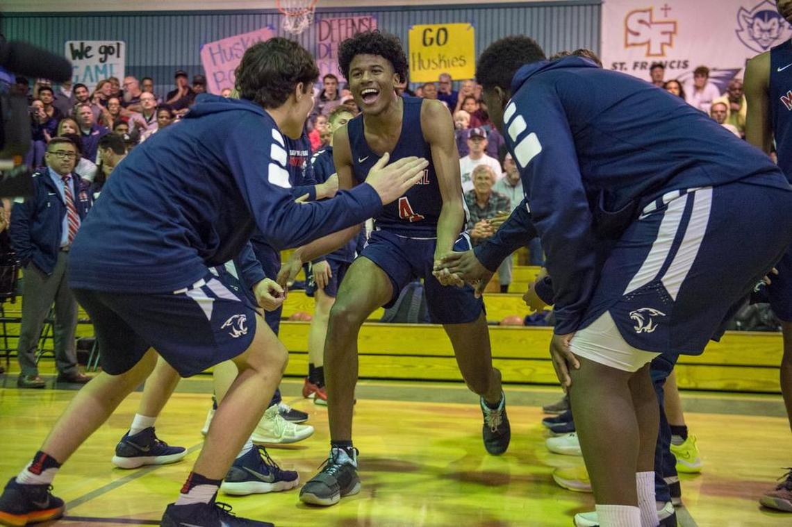 San Joaquin Memorial Panthers guard Jalen Green (C) (4) is introduced before the San San Joaquin Memorial Panthers played the Sheldon Huskies in the first round of the NorCal open division on Friday March 9, 2018 at Sheldon High School.