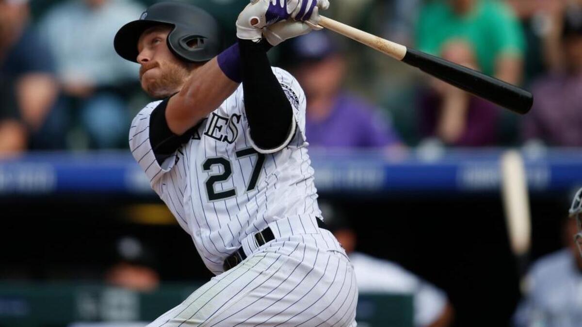 Trevor Story of the Rockies hits his fifth home run of the season on Friday, April 8, 2016, in Denver.