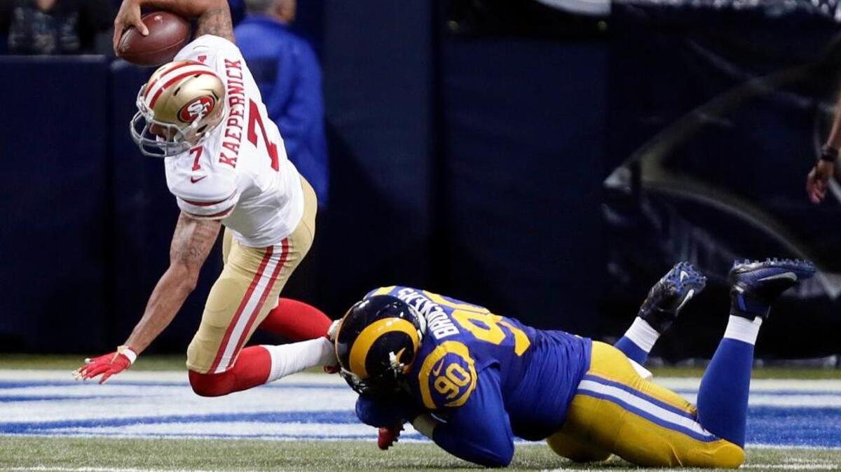 Every season, NFL Films compiles highlight films for all 32 teams. Last season, the 49ers finished 8-8 and their film was optimistically titled “Reload and Refocus.” What will this season’s title be? ... Quarterback Colin Kaepernick, left, is sacked by St. Louis Rams defensive tackle Michael Brockers during the second quarter of an NFL football game Sunday, Nov. 1, 2015, in St. Louis. Blaine Gabbert will start at quarterback for the 49ers’ game against Atlanta on Sunday, Nov. 8, 2015 in Santa Clara.